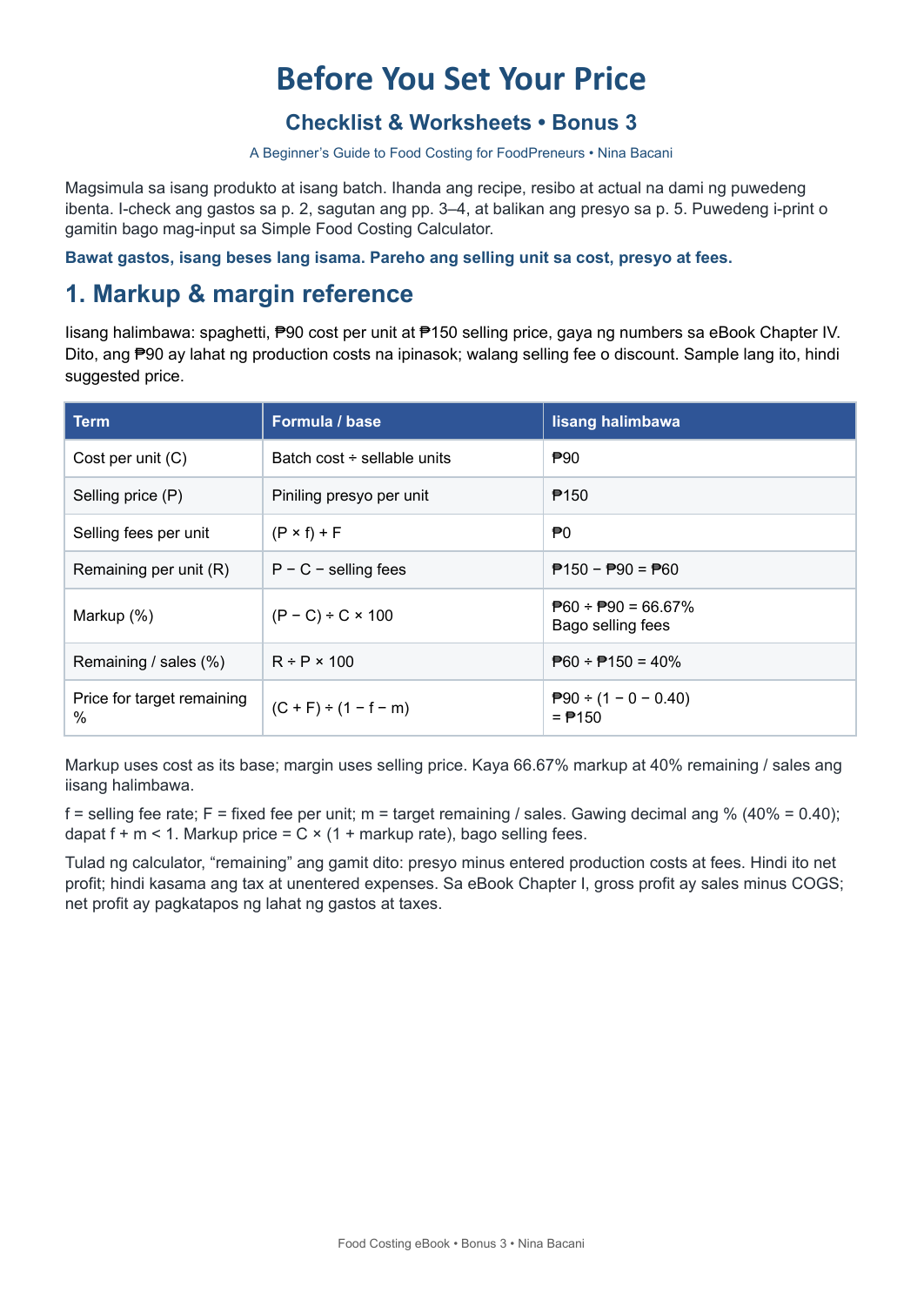 Preview of Before You Set Your Price Checklist & Worksheets