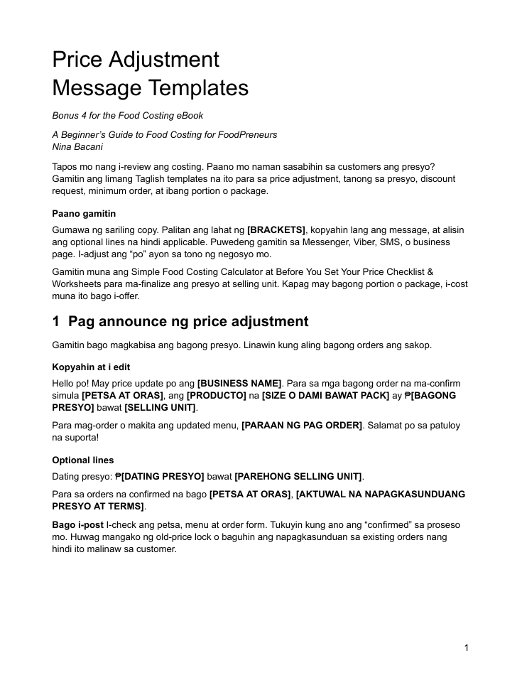 Preview of Price Adjustment Message Templates